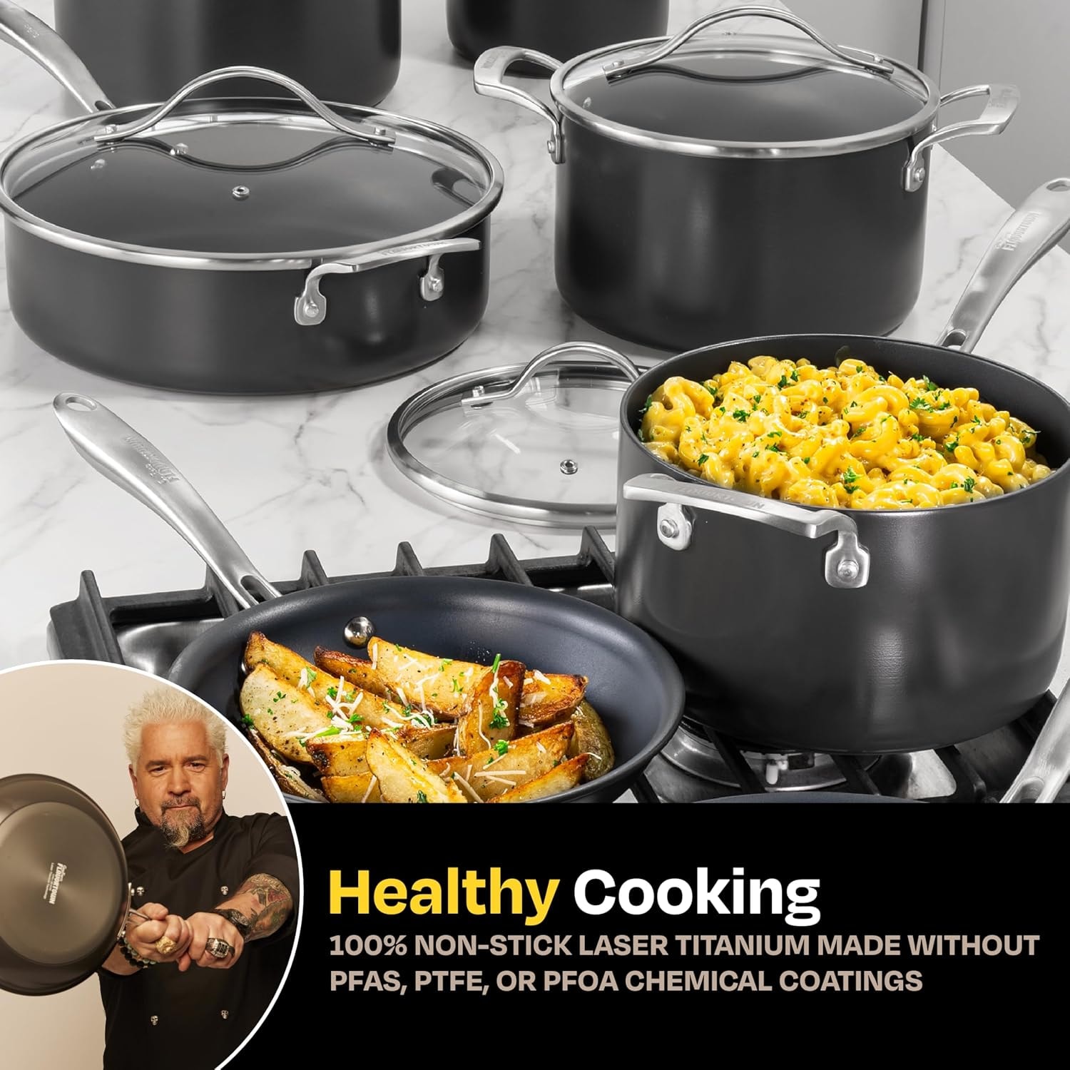 Guy Fieri Flavortown Hard-Anodized Laser Titanium Aluminum 10-Pc. Cook – 5 quarts – Black – Cookware Sets