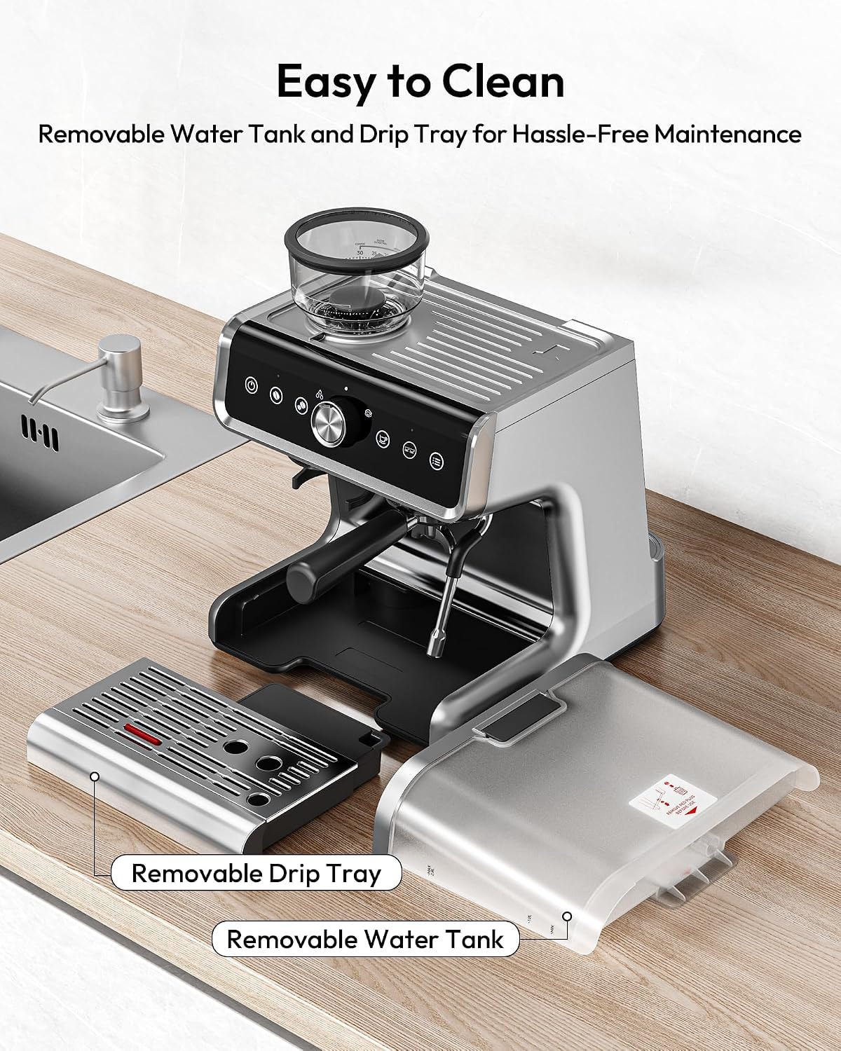 EUHOMY 20 Bar Espresso Machine with Milk Tank – 2.8 liters – Deep Silver – Semi-Automatic Espresso Machines