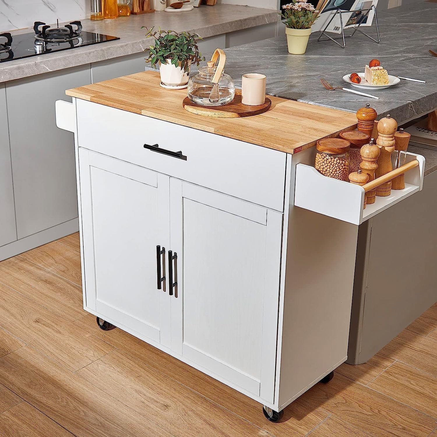 WarmieHomy Kitchen Cart with Solid Wood Top, Locking Wheels Storage Ca – 35.4" W Drop Leaf – White – Mobile Storage Islands