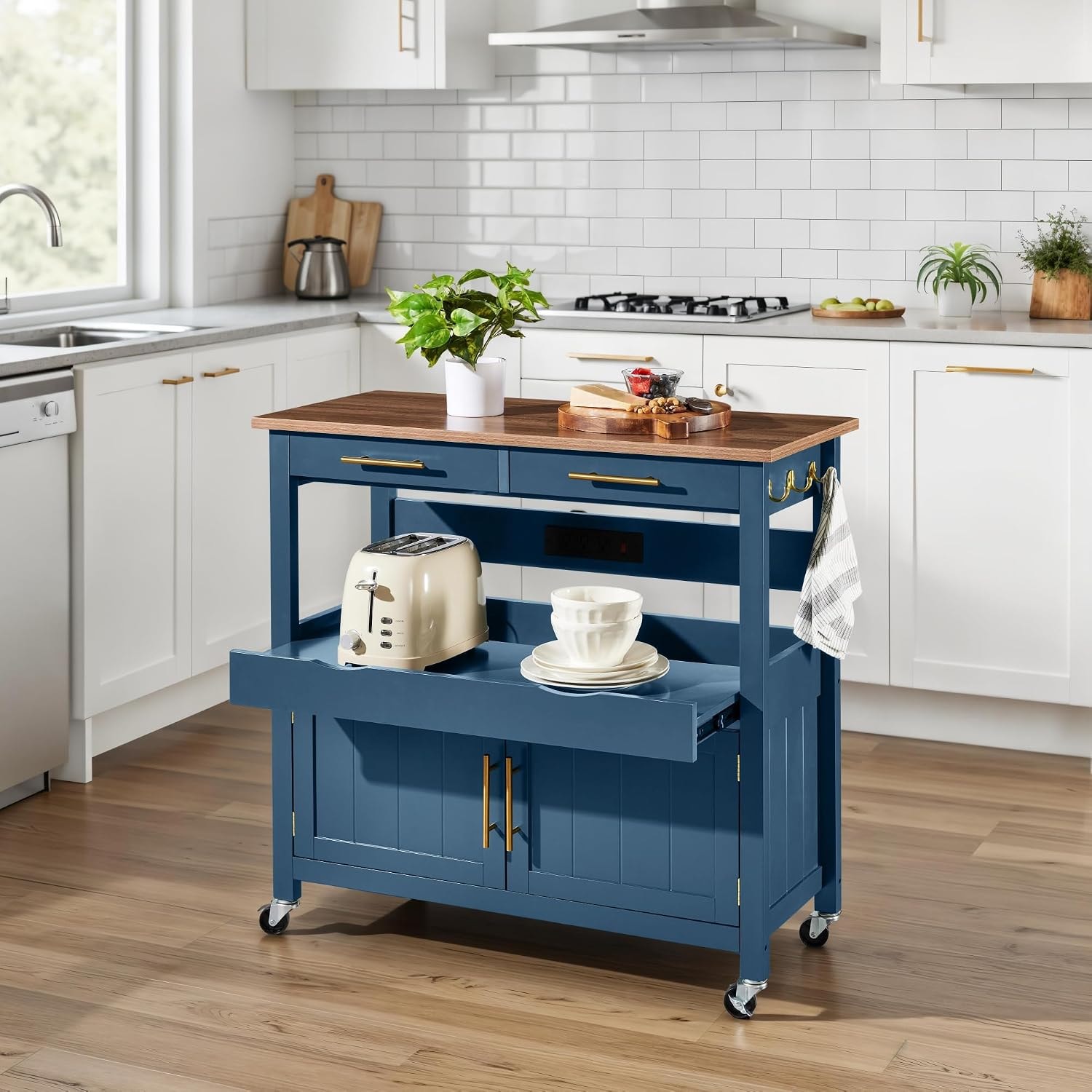 Red Barrel Studio Kitchen Island Cart with 4 Door Cabinet Drawers and  – 36in – Slate Blue – Storage Carts