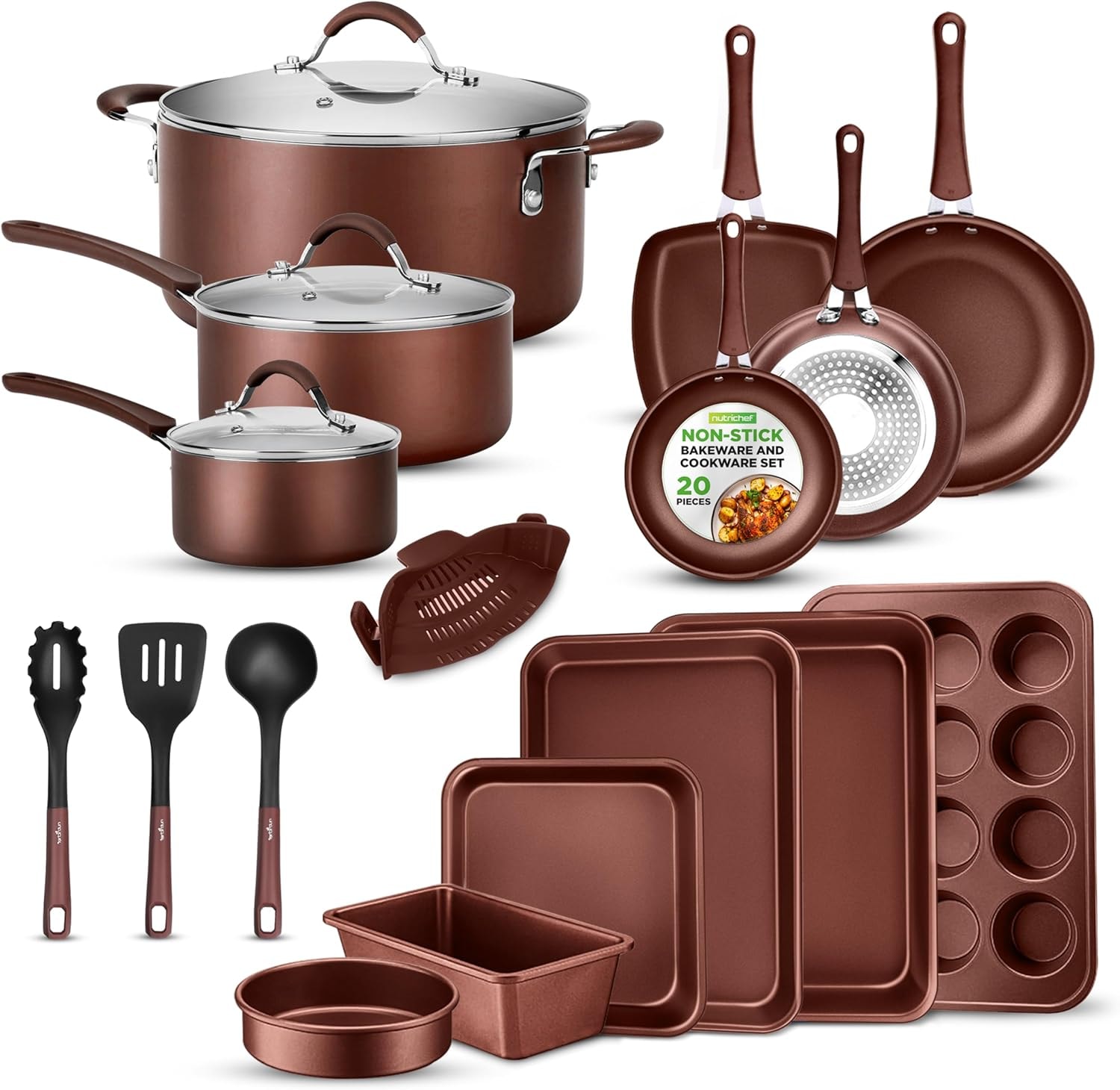 NutriChef Kitchenware Pots & Pans Set – Brown – Cookware Sets
