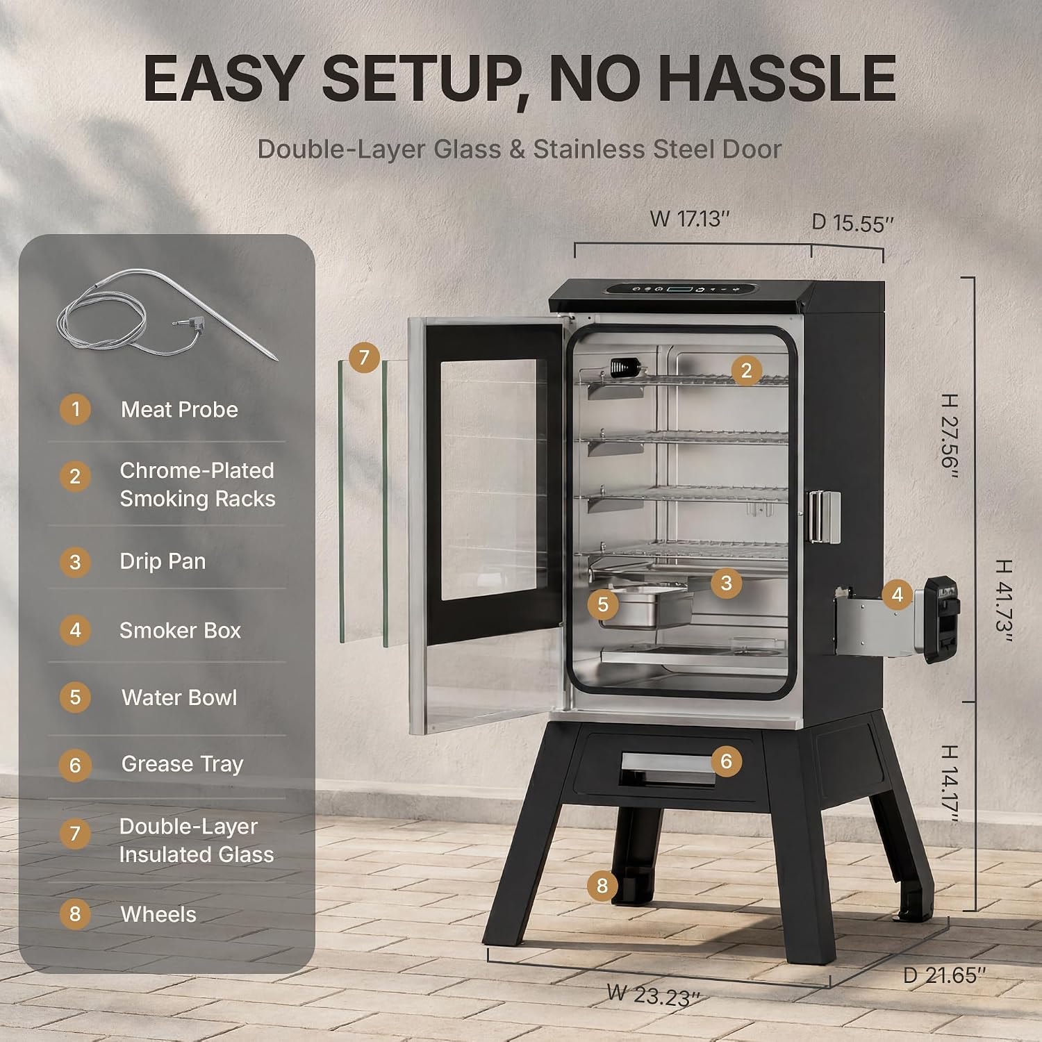 30 inch Electric Smoker with Built-in Meat Probe, Elevated Stand, Vert – Black – Smokers