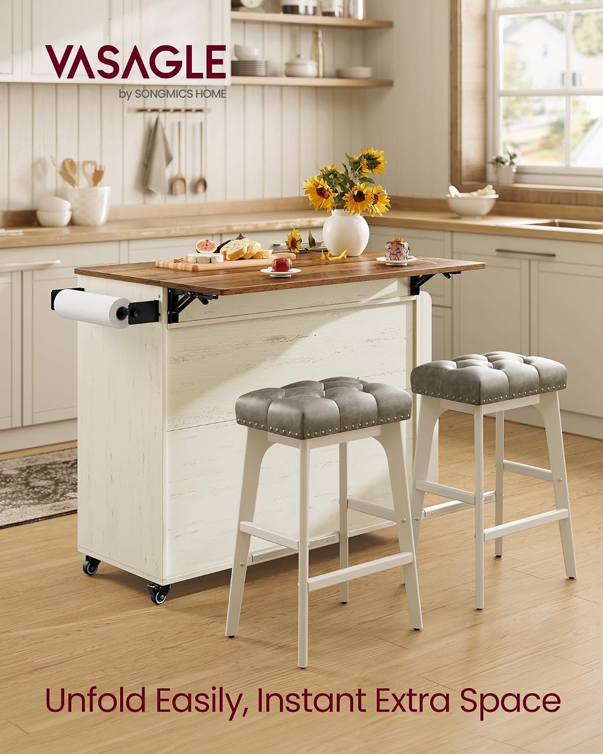 17 Stories Kitchen Island – 28.7"d x 49.3"w x 36"h – Rustic White + Honey Brown – Mobile Storage Islands