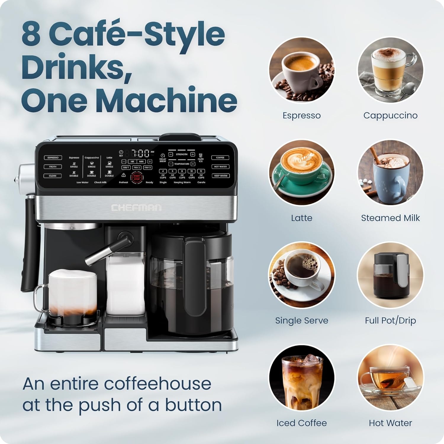 Chefman 8-in-1 Coffee Station, Coffee Maker, Espresso Machine, Combo – 12 cups – Stainless Steel – Semi-Automatic Espresso Machines