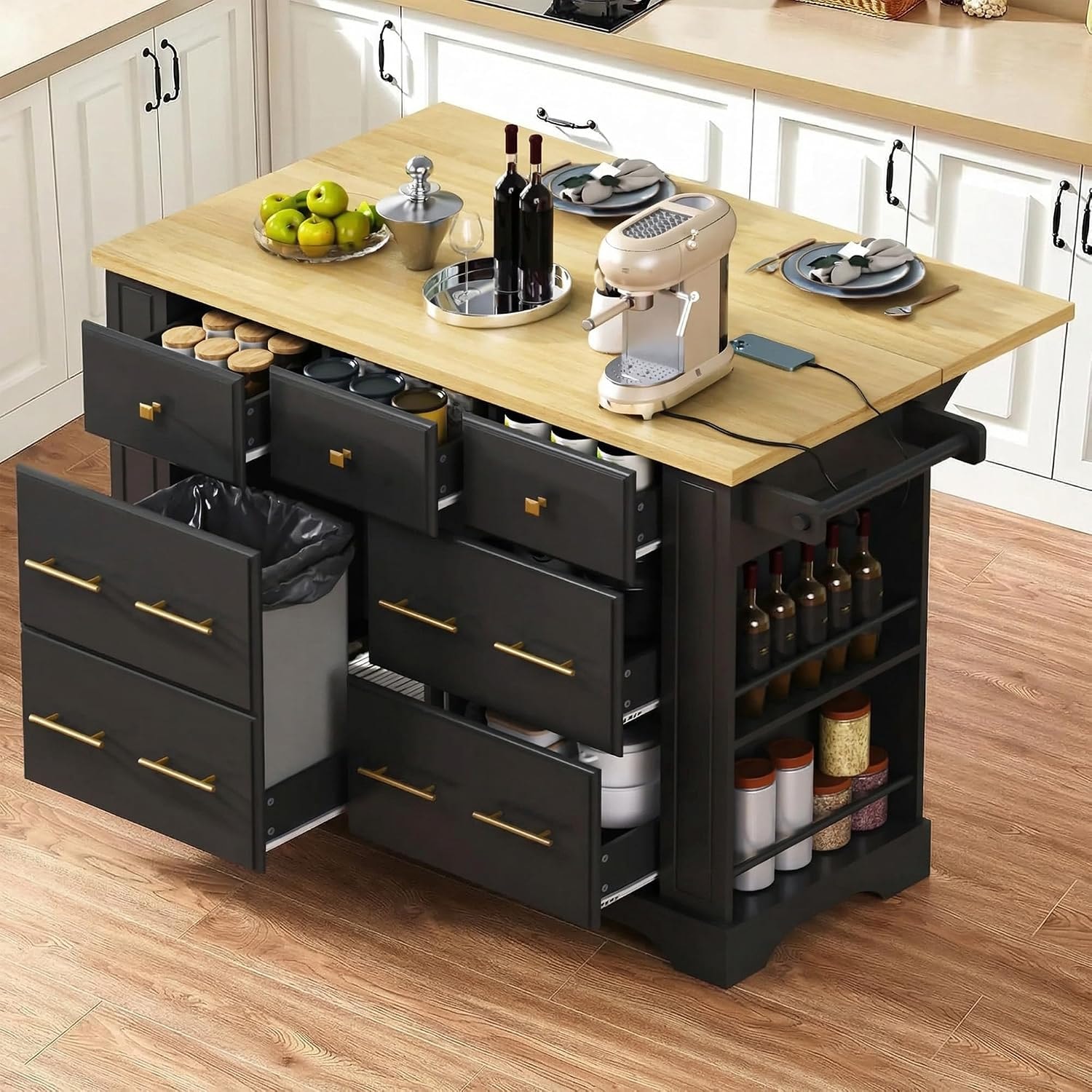 Kitchen Island with 6 Drawers, Pull Out Trash Can Storage, Rolling, Dr – 51.2 x 29.5 x 36.2 inches – Black – Mobile Storage Islands