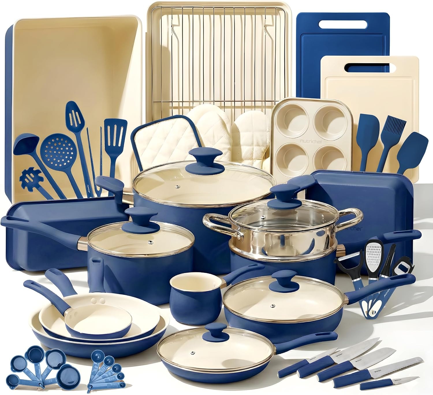 NutriChef 54-Piece Ceramic Cookware Set – Blue Gray – Cookware Sets