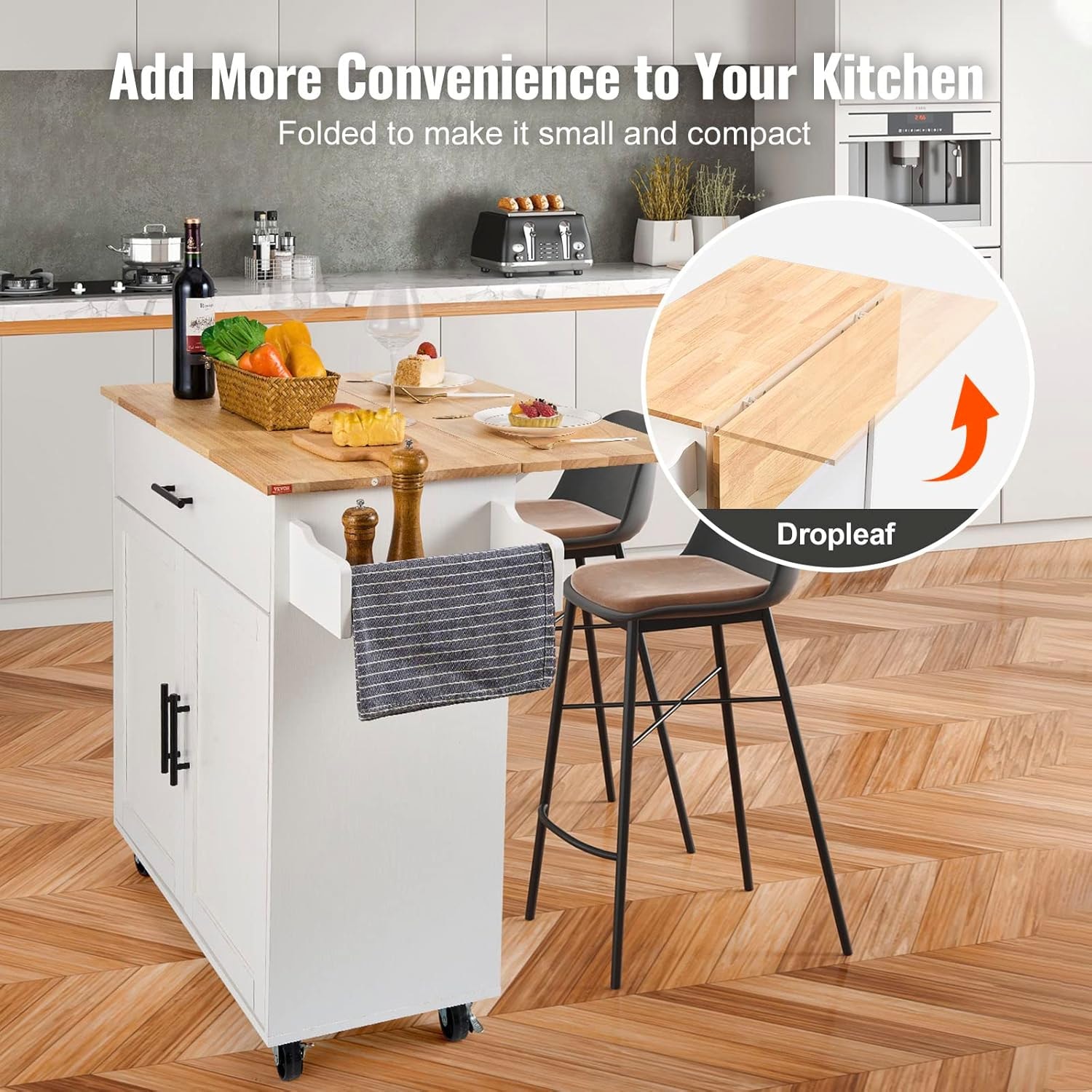WarmieHomy Kitchen Cart with Solid Wood Top, Locking Wheels Storage Ca – 35.4" W Drop Leaf – White – Mobile Storage Islands