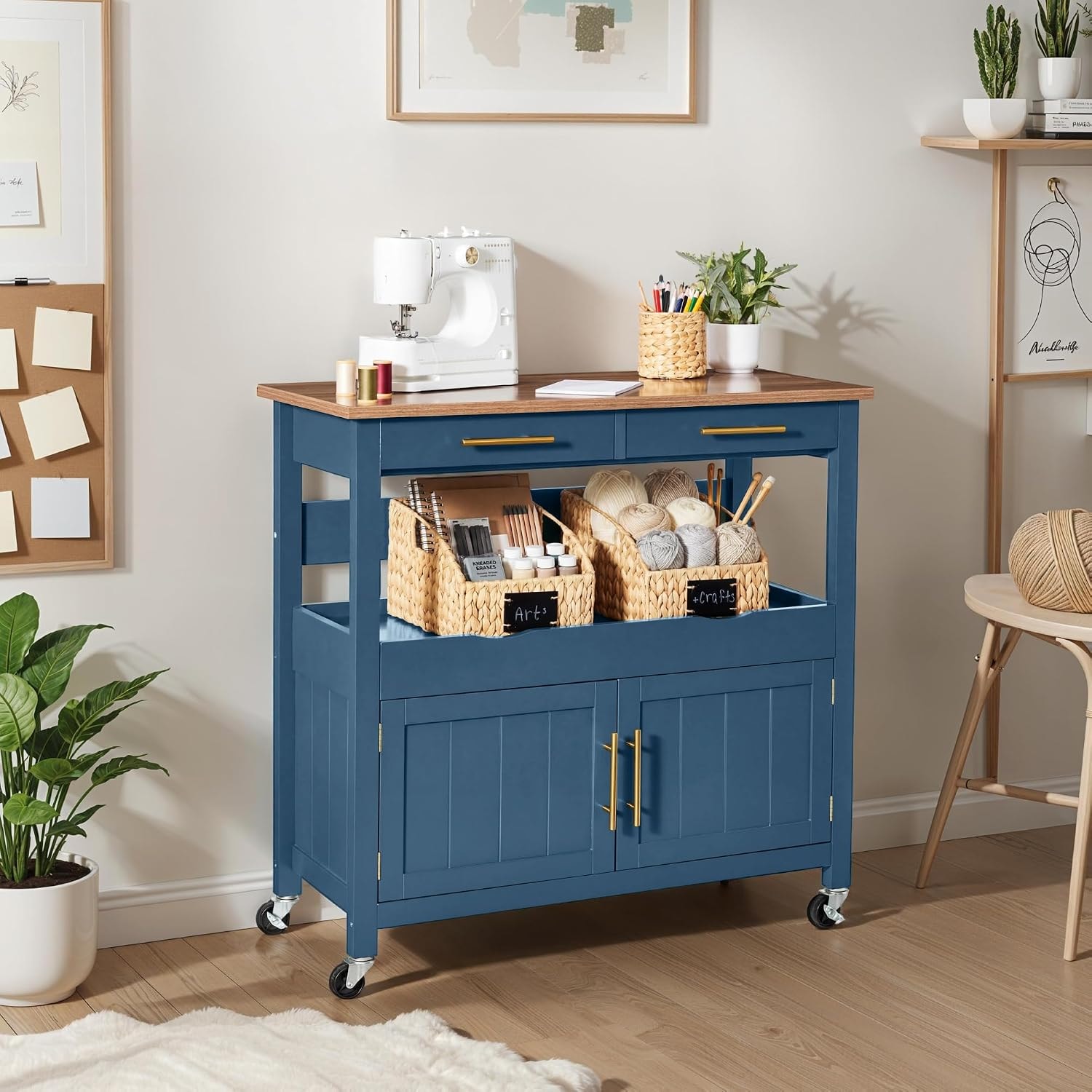 Red Barrel Studio Kitchen Island Cart with 4 Door Cabinet Drawers and  – 36in – Slate Blue – Storage Carts