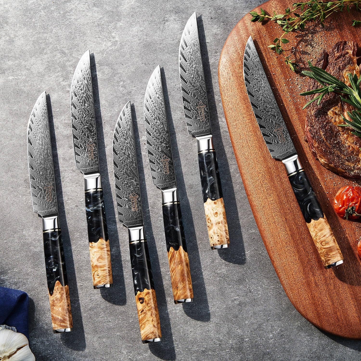 Tsunami Japanese VG-10 Damascus Steel Steak Knife Set with Gift Box – Set of 6 – Black – Steak Knives