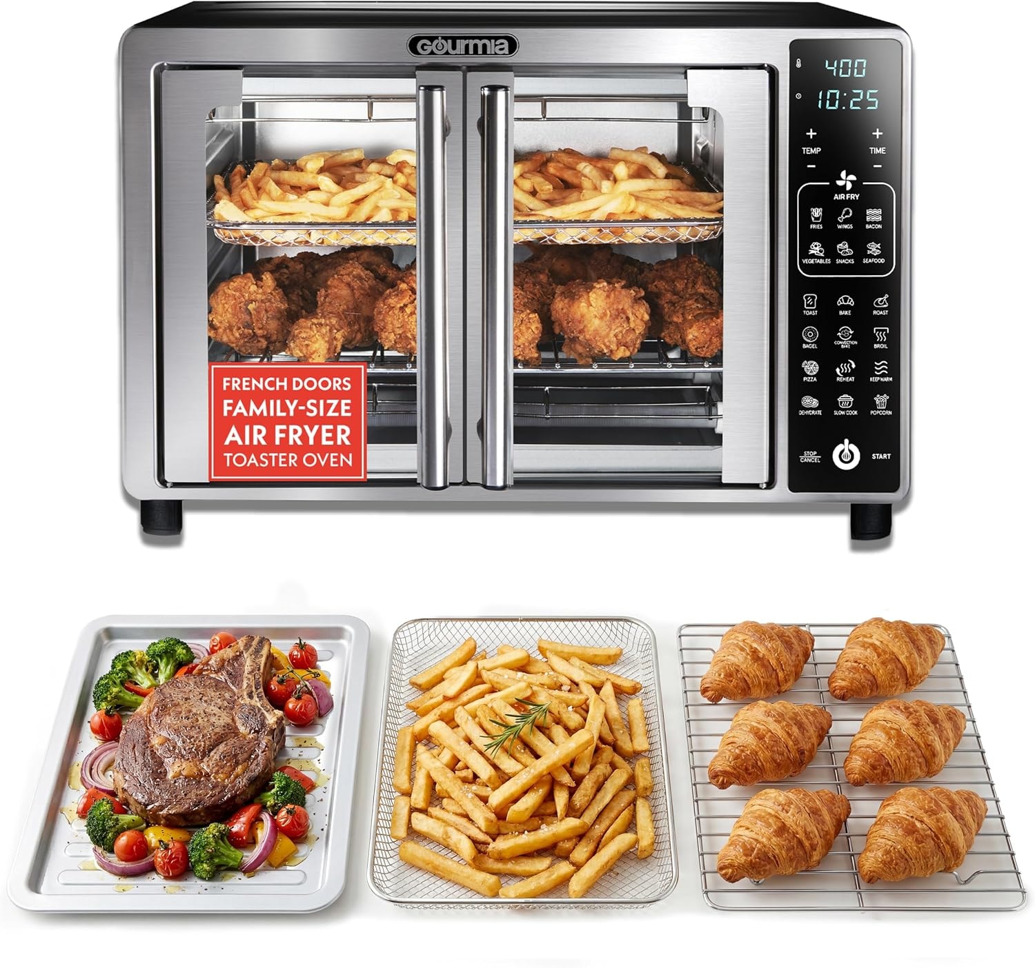 Gourmia Air Fryer French Door Toaster Oven – 25 quarts – Stainless Steel – 19 Presets – Air Fryers
