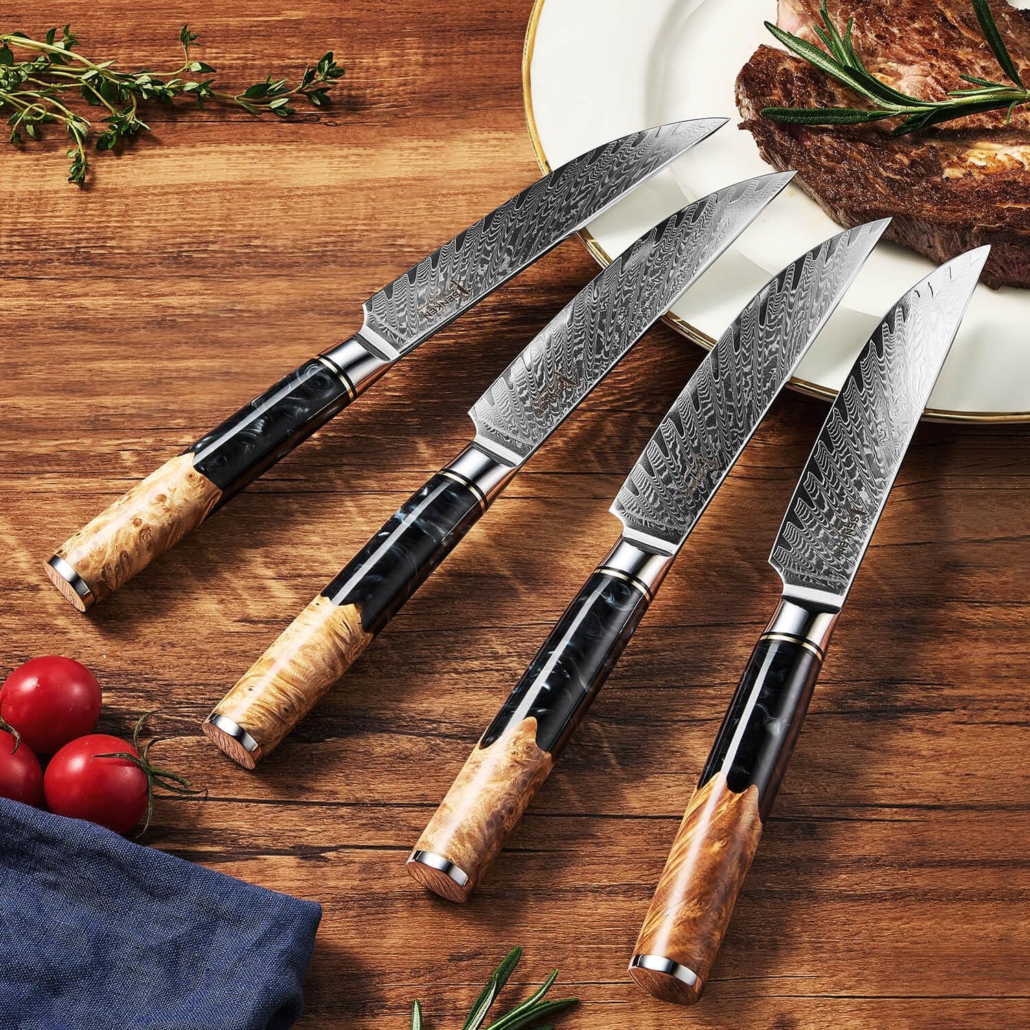 Tsunami Japanese VG-10 Damascus Steel Steak Knife Set with Gift Box – Set of 6 – Black – Steak Knives