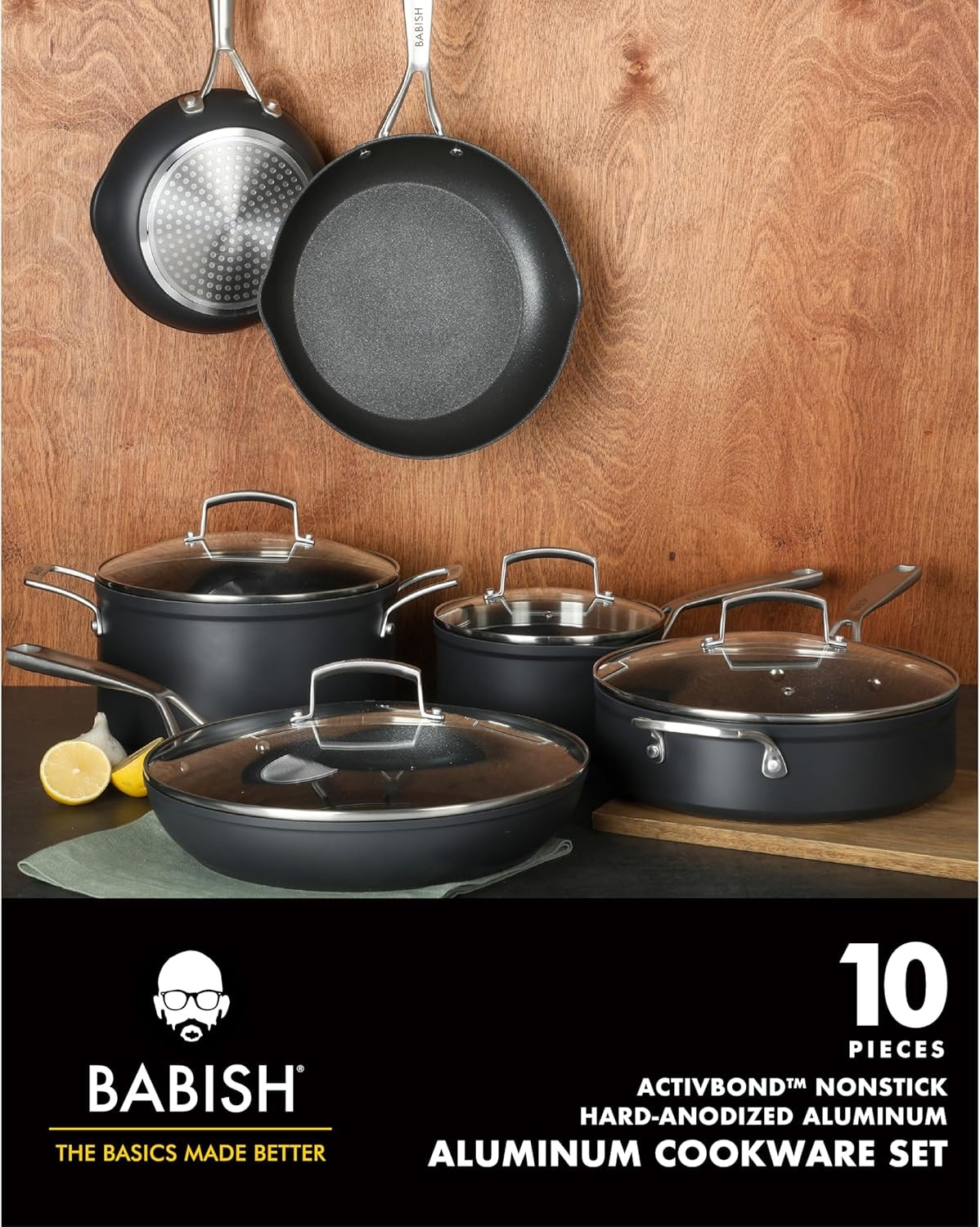 Babish 10 Piece Hard Anodized Titanium Pots and Pans Cookware Set – 6 quarts – Black (10pc Cookware Set) – Cookware Sets