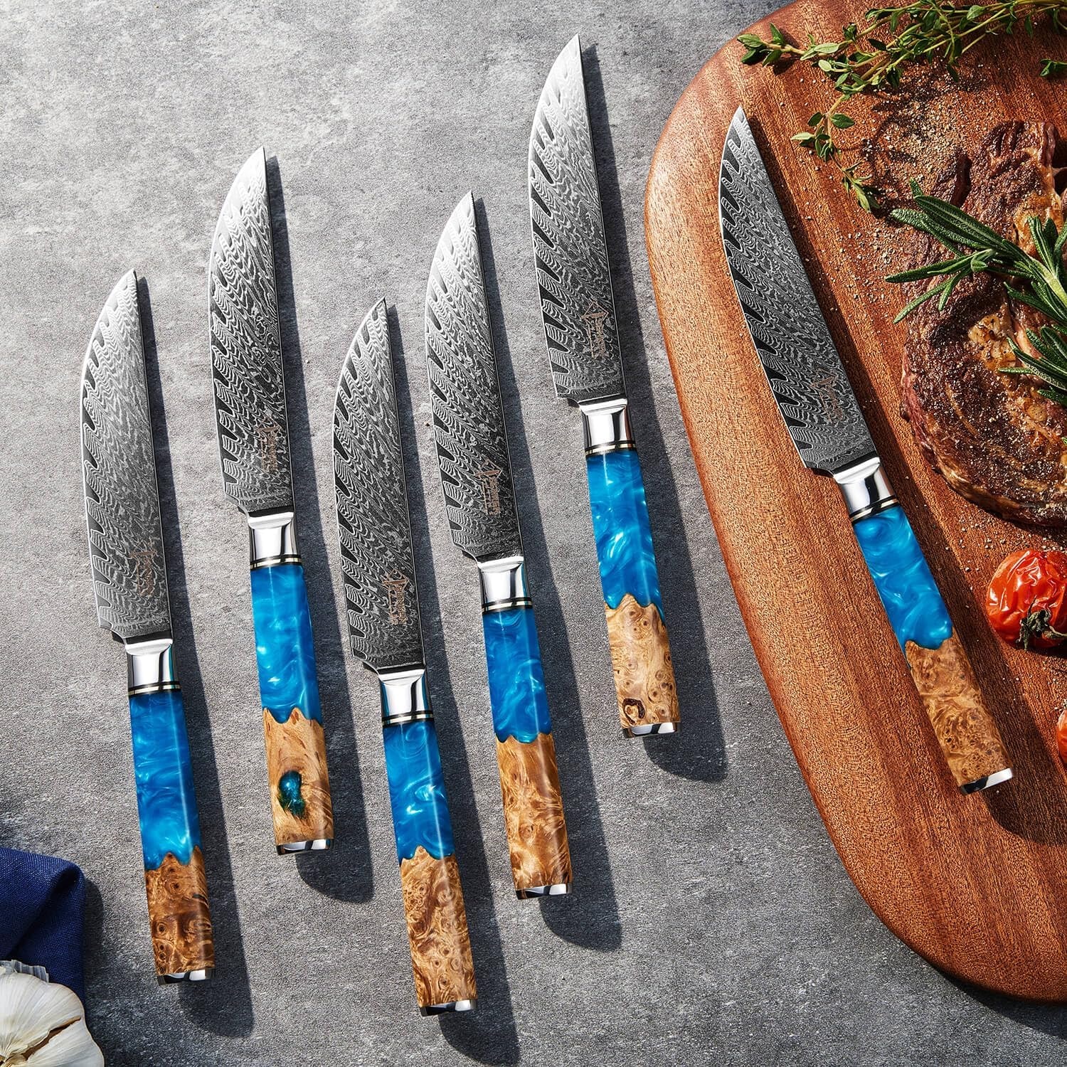 8-Piece Damascus Steak Knife — Twisted Damascus Blades, Green Pakka Wo – Large – Blue – Steak Sets