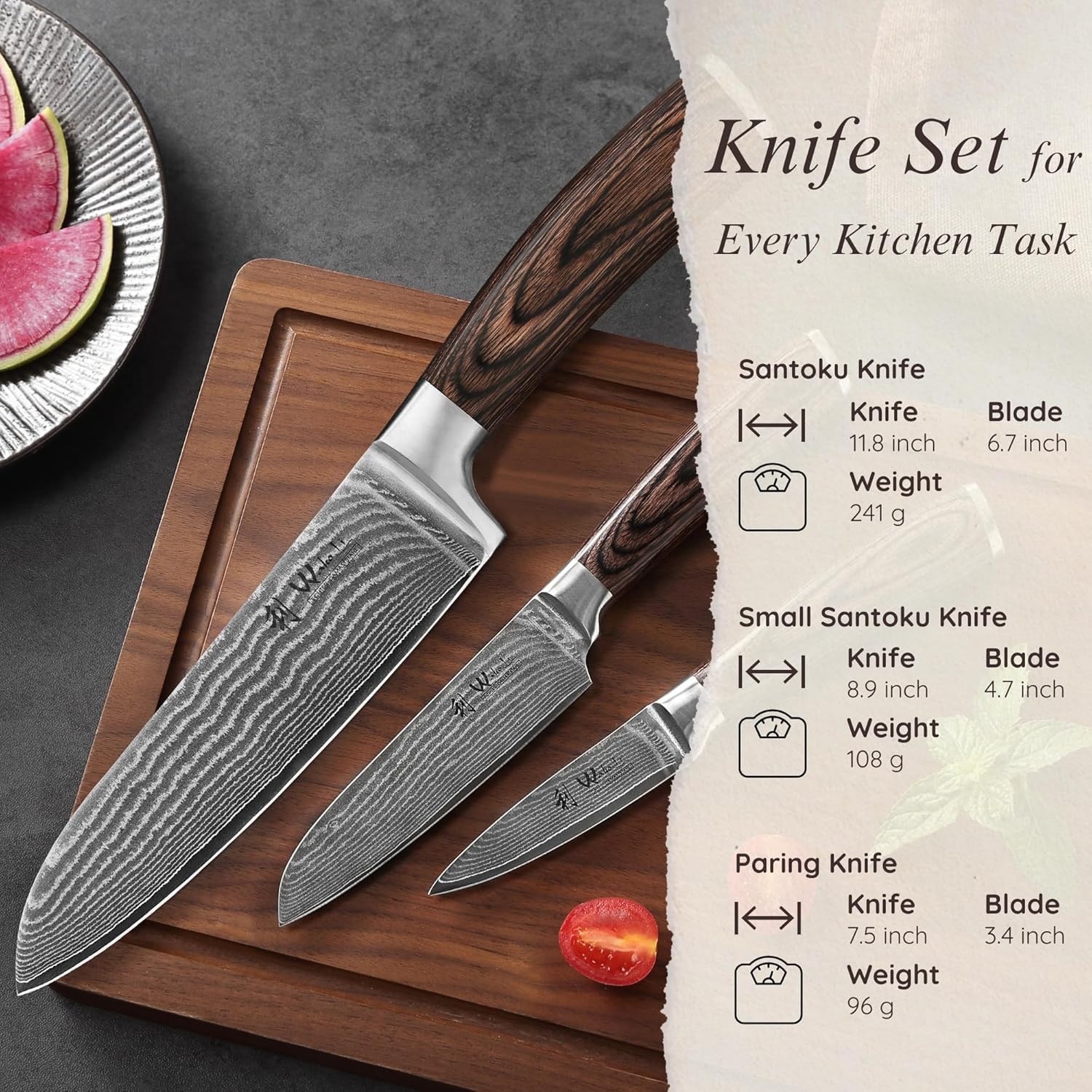 Thor Kitchen 3-Piece Damascus Knife Set DS0301P – 6.7 inches – 3pcs-Damascus Kitchen Knife Set – Knife Sets