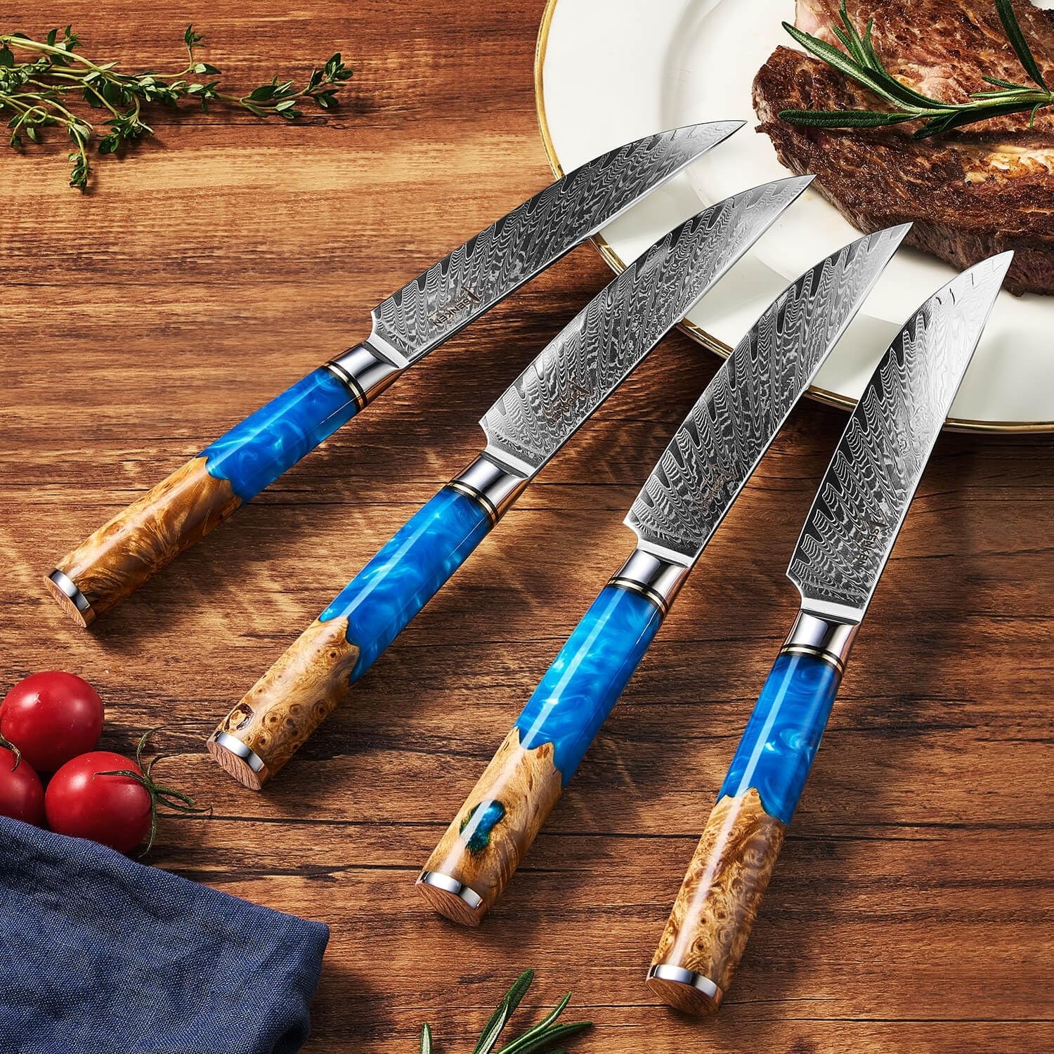 8-Piece Damascus Steak Knife — Twisted Damascus Blades, Green Pakka Wo – Large – Blue – Steak Sets