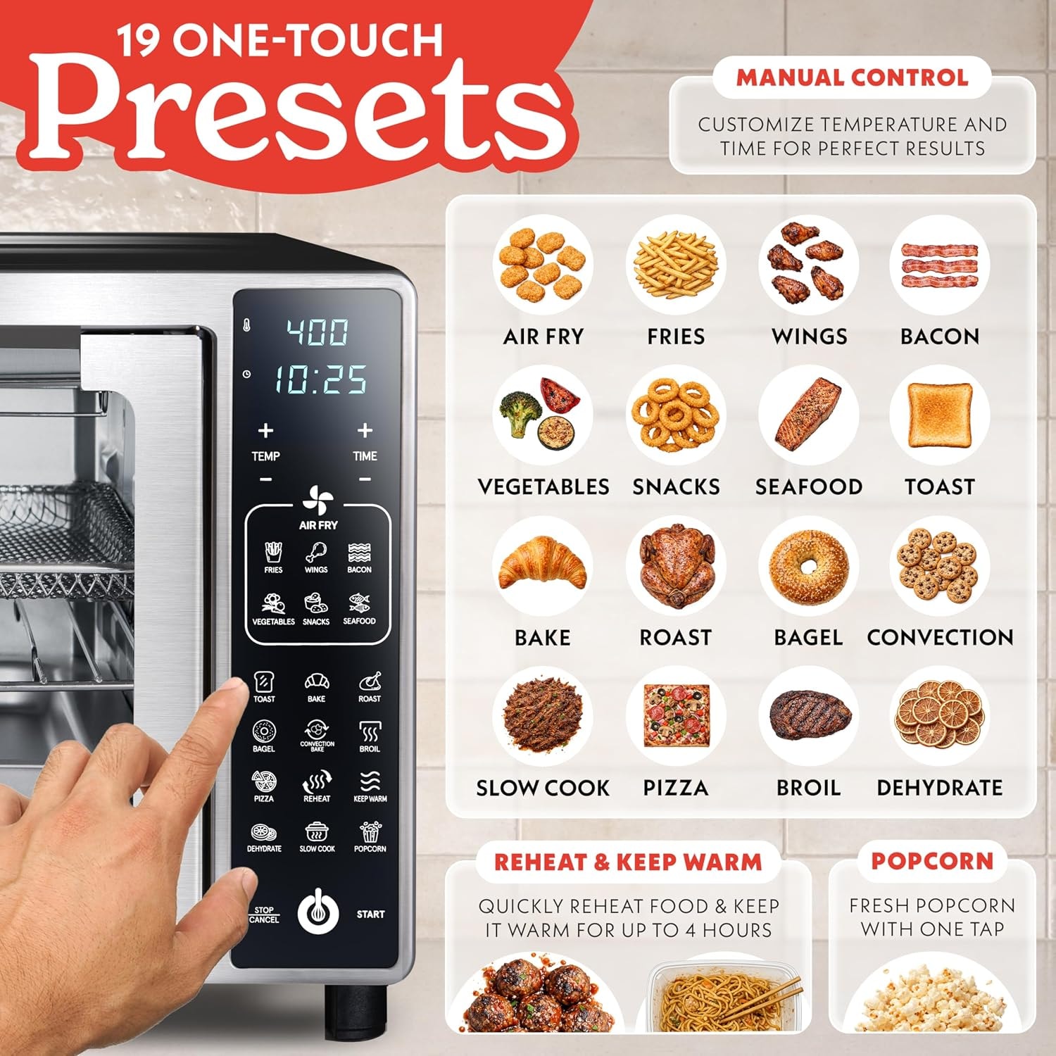 Gourmia Air Fryer French Door Toaster Oven – 25 quarts – Stainless Steel – 19 Presets – Air Fryers