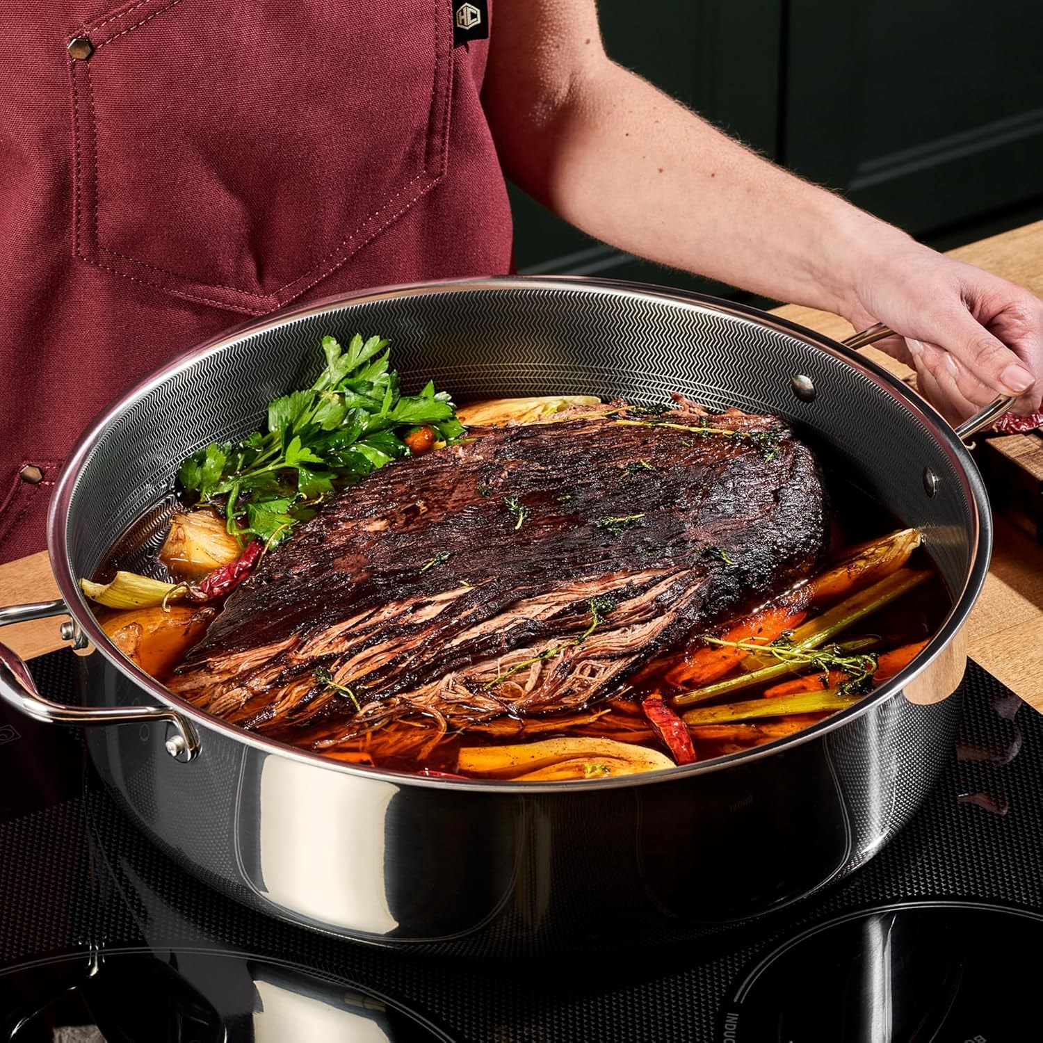 HexClad Hybrid Nonstick Deep Sauté Pan and Lid, Dishwasher and Oven-Sa – 10 quarts – Sauté Pans